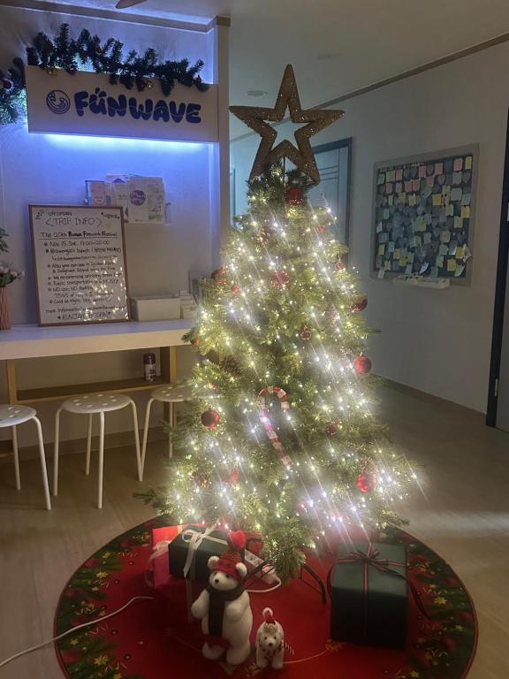 a christmas tree with lights in a room at FUNWAVE guest house in Busan