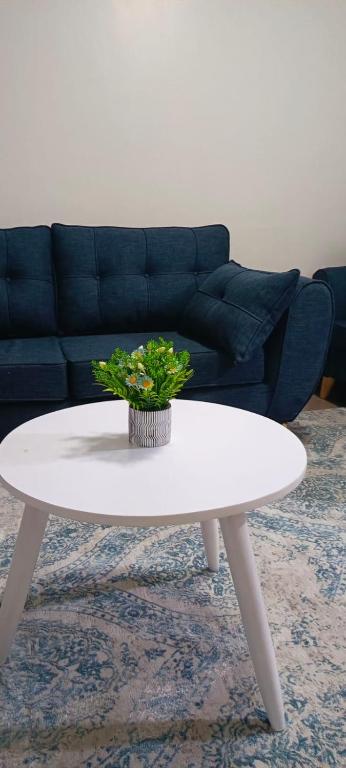 une table basse blanche devant un canapé avec une plante dans l'établissement BlueByMis, à Muchatha