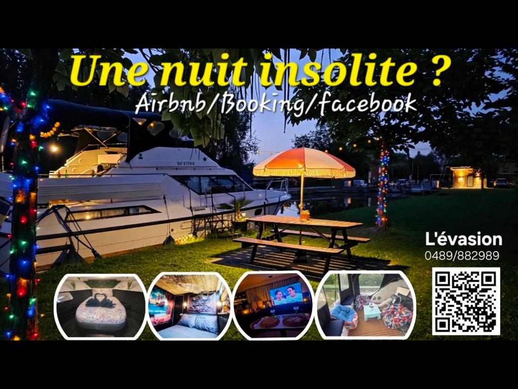 ein Bild von einem Bild eines Bootes in einem Hof in der Unterkunft L'évasion in Chièvres