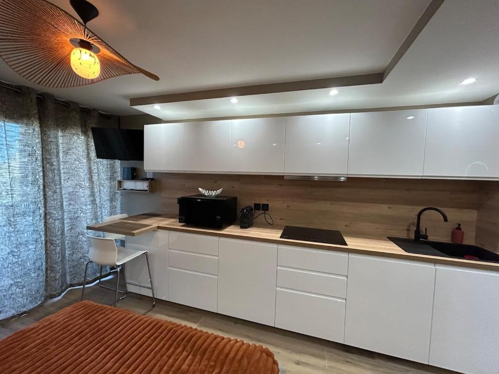 A kitchen or kitchenette at Studio orcadia piscine climatisation parking wifi