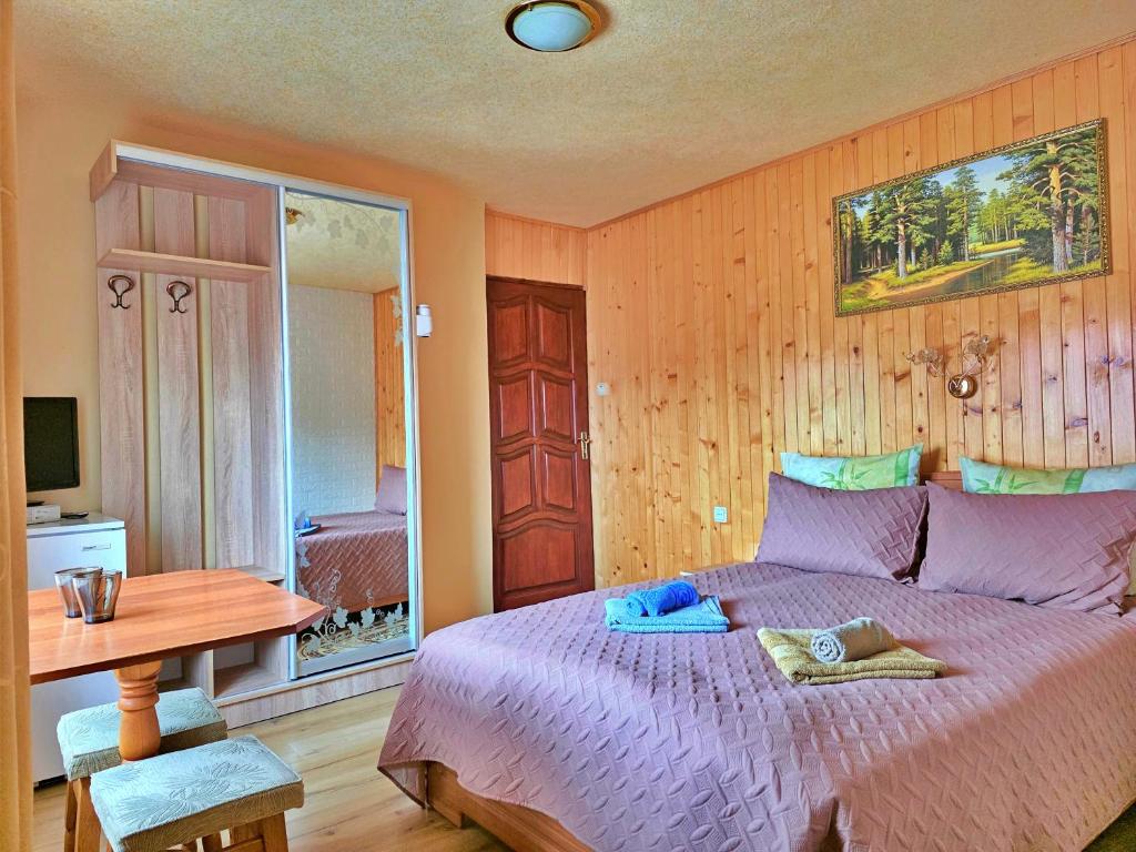 Un dormitorio con una cama, una mesa y un espejo. en U Nazara, en Slavske