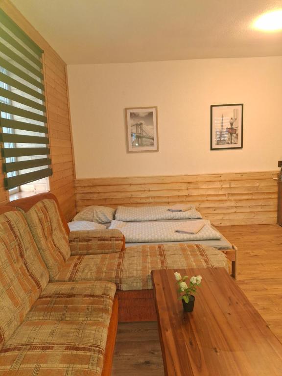 a living room with a couch and a bed at U Tomáška in Malá Morávka