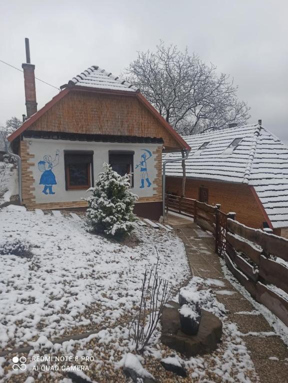 a house covered in snow in front of a house at Chata Blaženka štýlový únik do prirody in Chvojnica