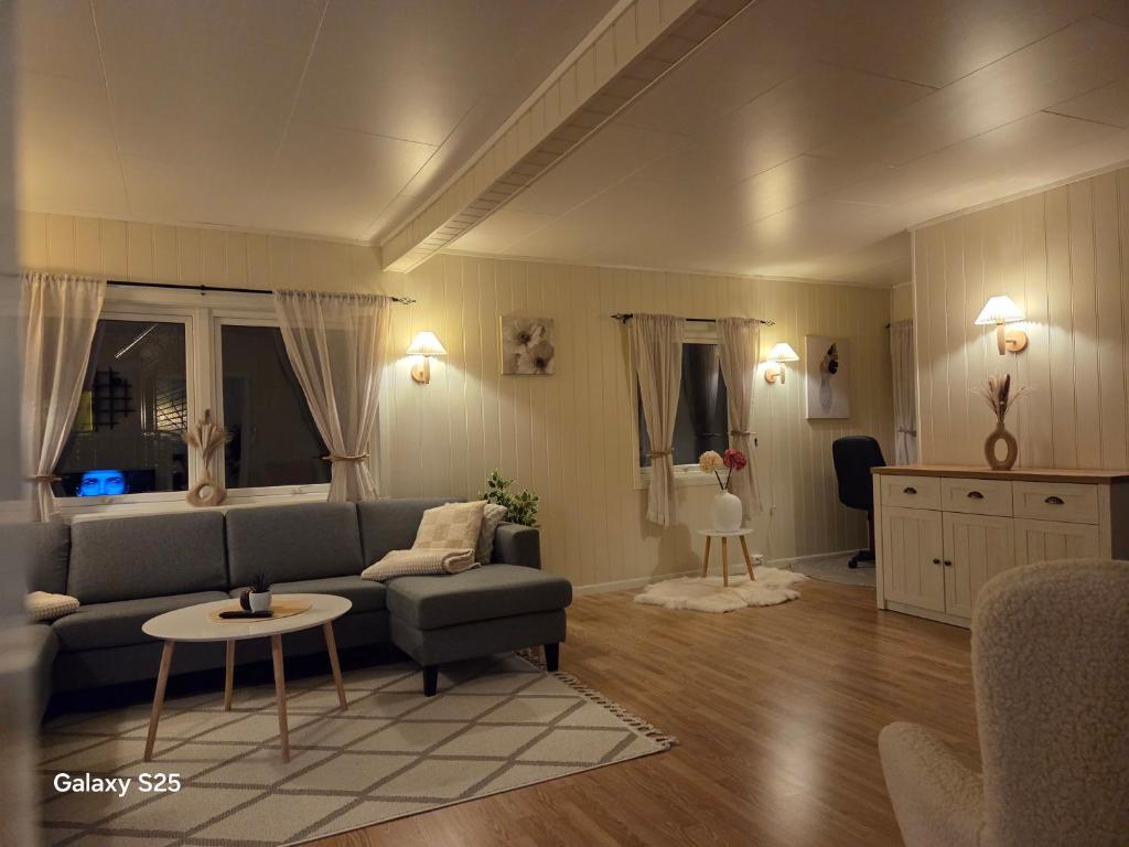 a living room with a couch and a table at Auroraheim in Gryllefjord