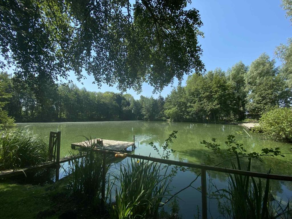 a view of a lake with a dock at Le Havre de Bois in Bourbourg