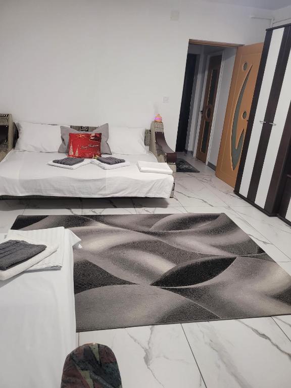 ein Schlafzimmer mit einem Bett und einem Teppich auf dem Boden in der Unterkunft Garsonieră parter, 1 dormitor cu terasa si loc de joacă, PARCARE GRATUITĂ, Craiova in Craiova