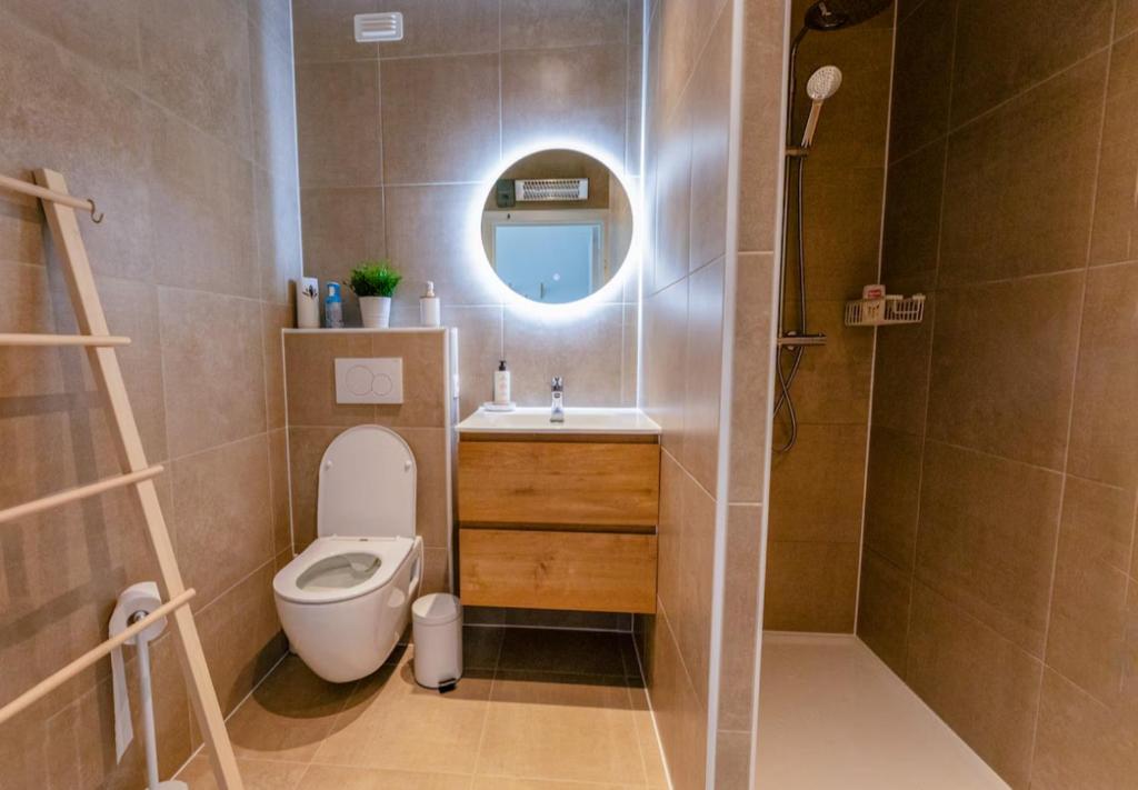 a bathroom with a toilet and a sink and a mirror at Let's Go Middelkerke in Middelkerke