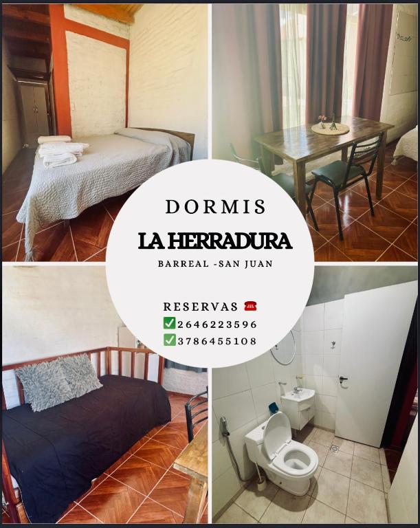 un collage de tres fotos de una habitación en La Herradura, en Calingasta