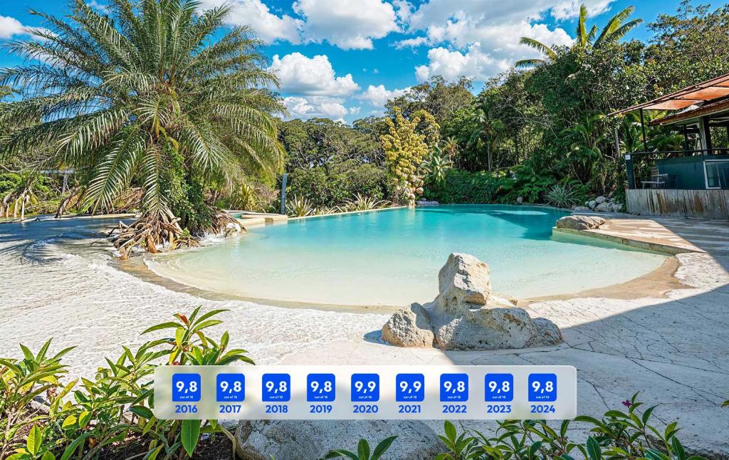 a swimming pool with a calendar next to it at Mei Tai Cacao Lodge in Bijagua