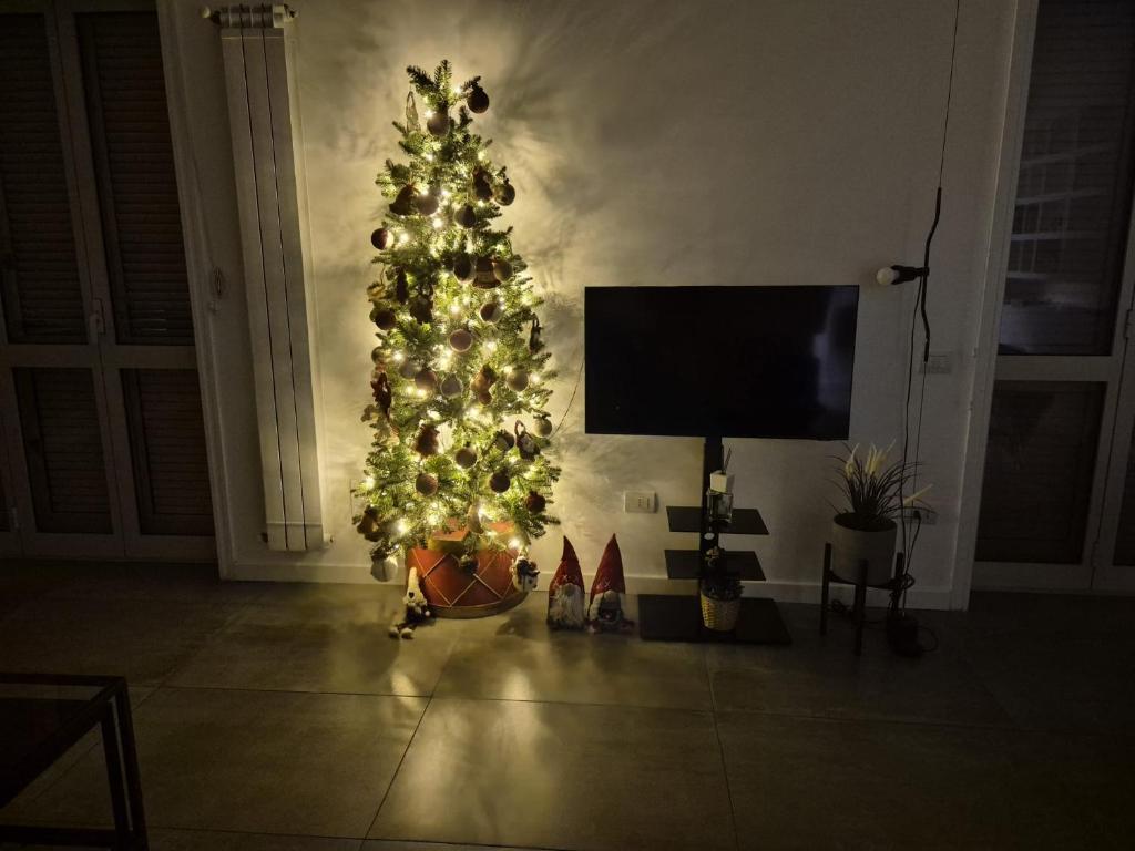 un árbol de Navidad en una sala de estar con TV en DomusPlevano, en Nocera Inferiore