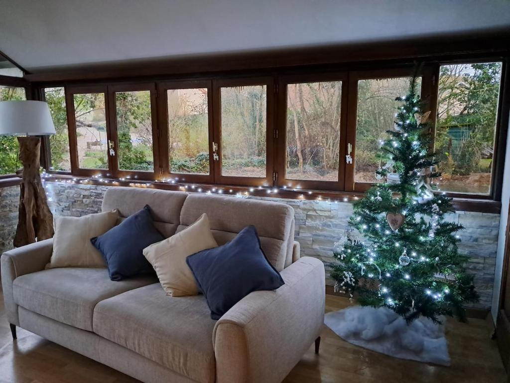 - un salon avec un arbre de Noël et un canapé dans l'établissement Le rêve au fil de l'eau, à Marmagne