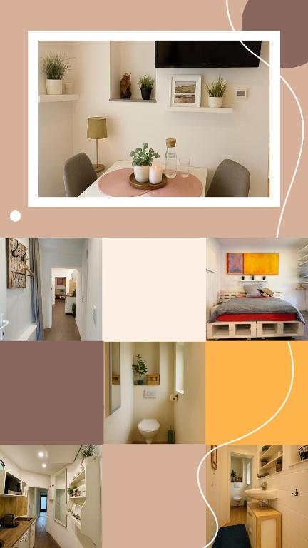 un collage di quattro foto di una stanza di Modernes Apartment nahe Ludwigsburg & Stuttgart Netflix Parkplatz Optimale Lage a Ludwigsburg