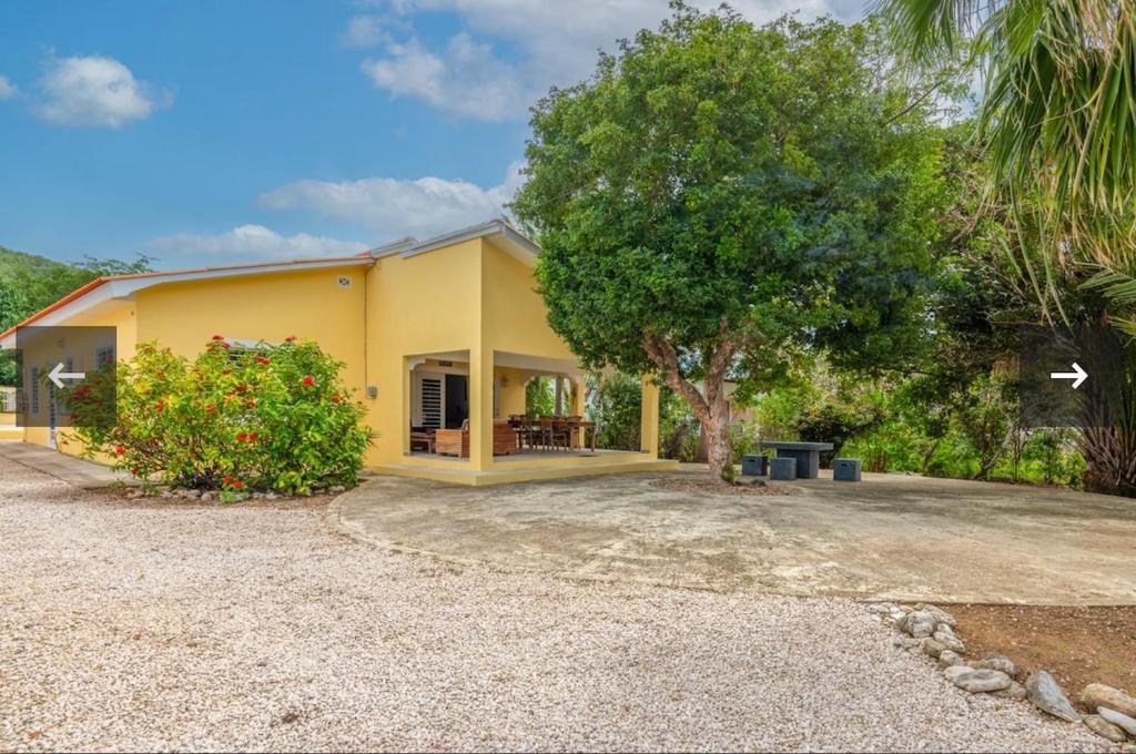 拉贡Nos Yemaya, 2BR, Pool, walking distance from Playa Lagun的黄色的房子,有树和院子