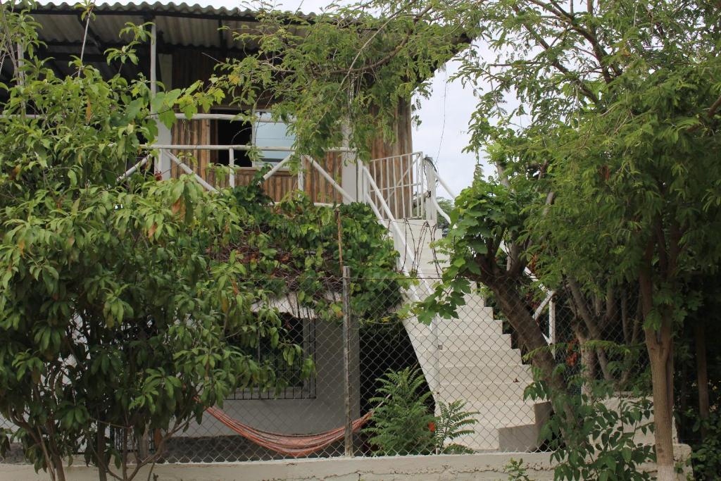 a staircase leading up to a building with trees at Casa Grulla in Santa Marta