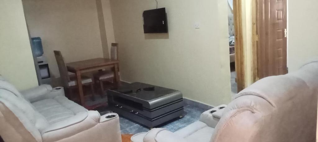 ein Wohnzimmer mit 2 weißen Stühlen und einem TV in der Unterkunft Rosslyn suites in Juja