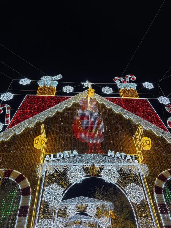a christmas light display on a building at night at VIELA Guest House T1 in Barcelos
