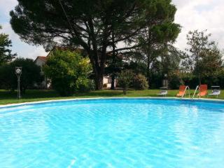 a large blue swimming pool with chairs in a yard at Casa Pilar in Capannori