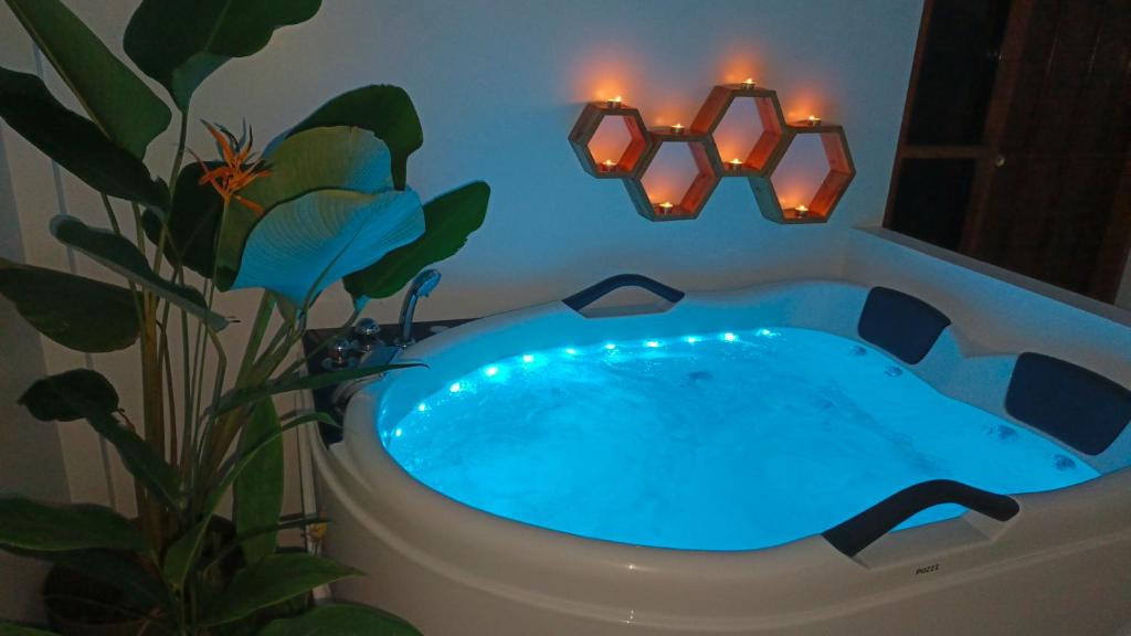 un bagno con vasca, piante e luci di The Cat And The Kraken Paliton Jacuzzi Suites with Solar and Starlink a Siquijor