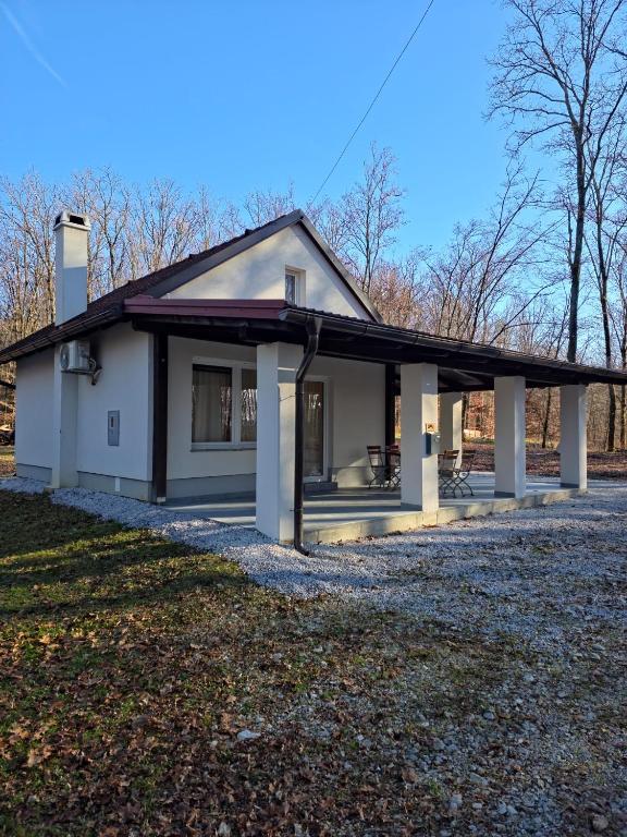a small white house with a porch at Kuća za odmor Mirai in Jakovlje