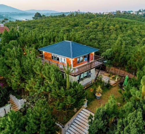 una vista aérea de una casa con techo azul en Hilltop Velley Lâm Đồng, 
