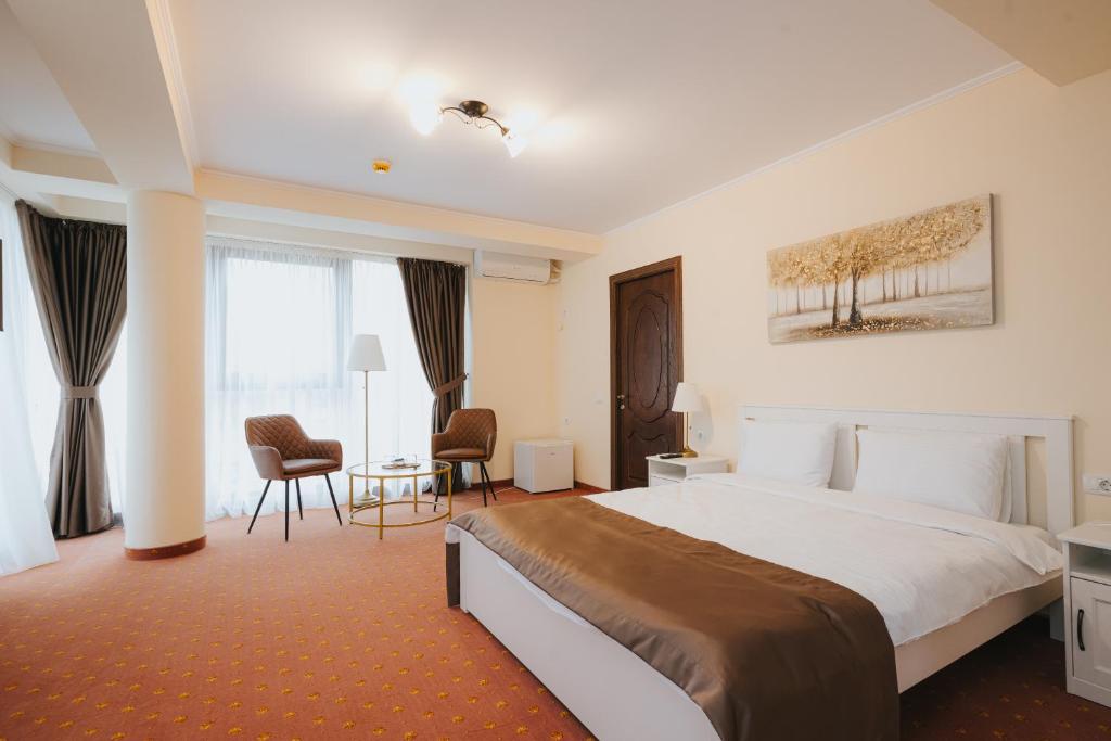 a hotel room with a bed and a table and chairs at Vila Turistică Fabian in Botoşani