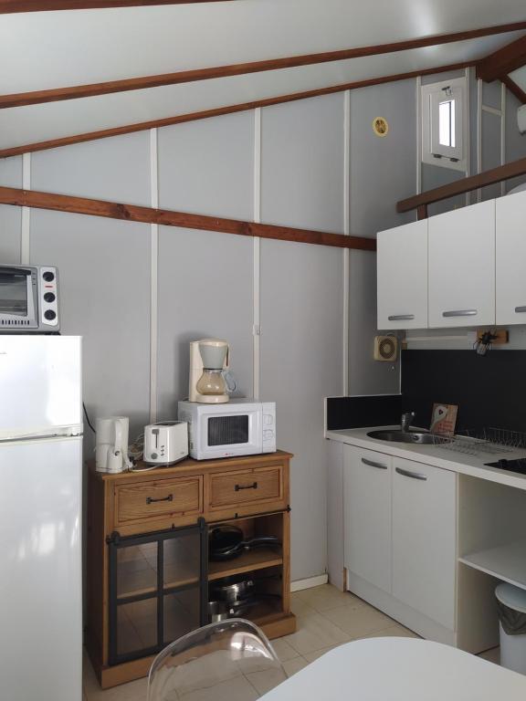 una piccola cucina con armadietti bianchi e forno a microonde di Camping Le Coulédous ad Aulus-les-Bains