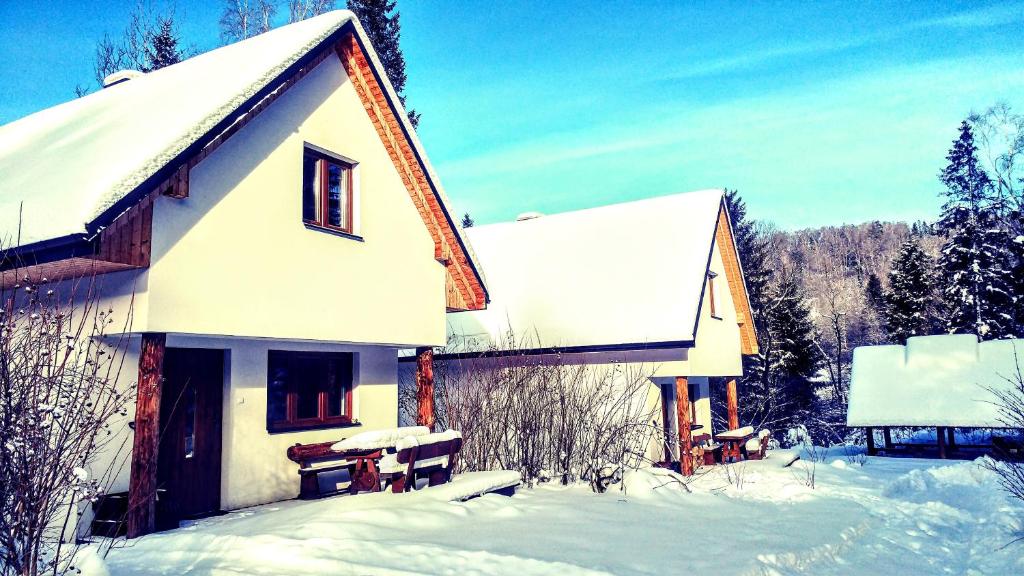 韦特利纳Chatka Bukowina的屋顶上积雪的房子