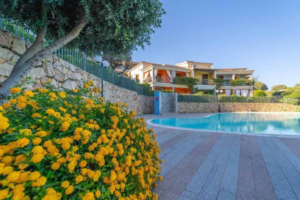a garden with yellow flowers next to a swimming pool at Trilocale Luana in Nuditta