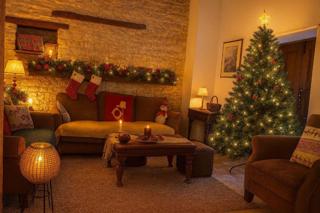 VasaAriadni Cottage的客厅里有一棵圣诞树和一张沙发