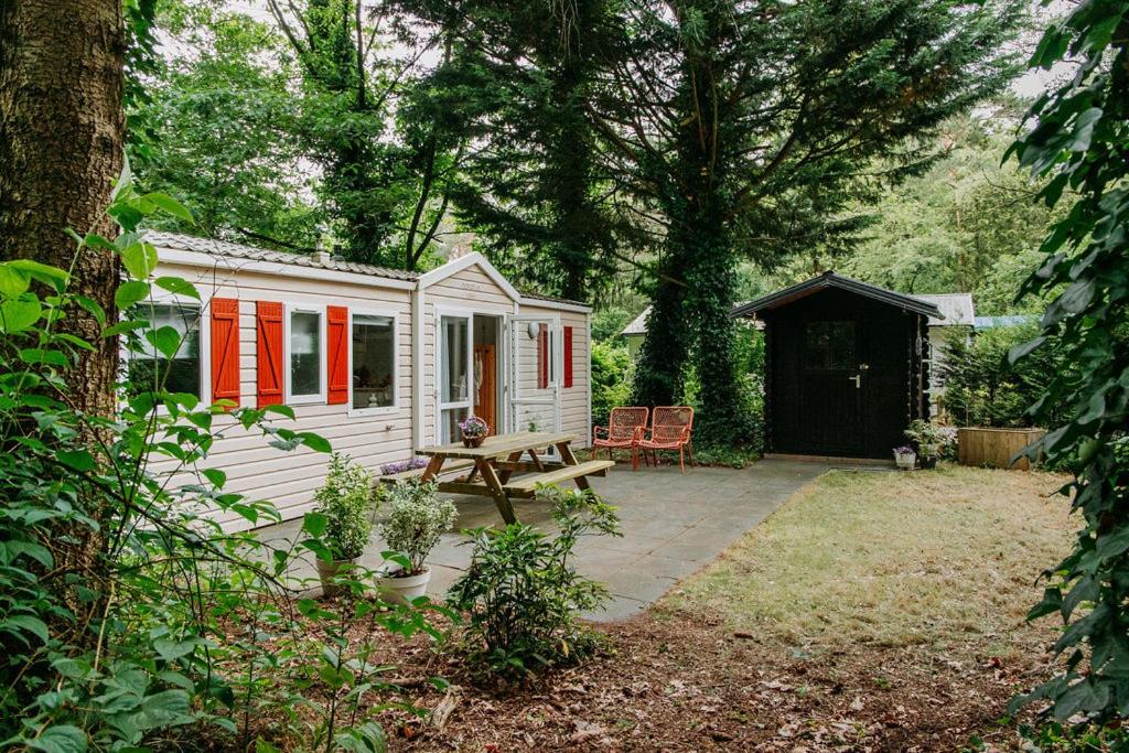 una piccola cabina bianca con persiane rosse e un tavolo da picnic di Boshuisje Lou op de Veluwe a Hattemerbroek