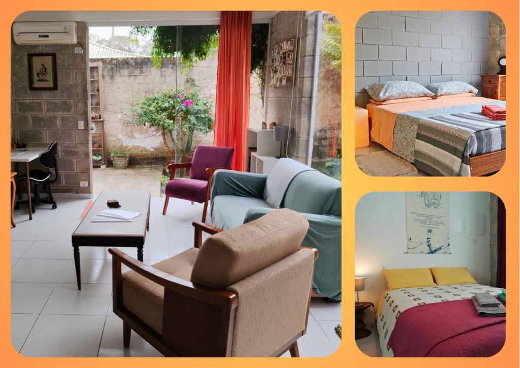 three pictures of a bedroom and a living room at A 10 minutos de Ópera, Pedreira e Centro histórico, no parque São Lourenço Um lar amplo e aconchegante, com ar quente frio e vaga in Curitiba