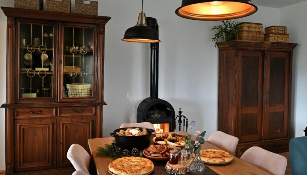 una sala da pranzo con un tavolo con del cibo sopra di Mystic Twistic a Vîrfurile