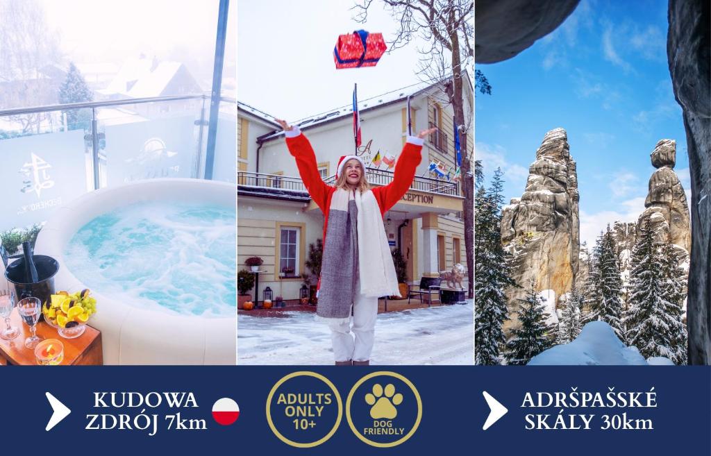 a collage of photos with a woman in the snow at Hotel Tommy Wellness & Spa in Náchod