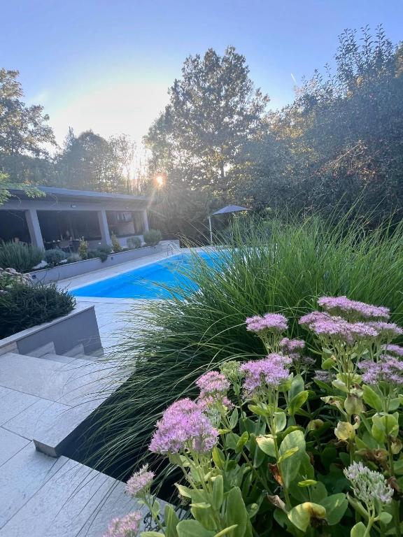 a garden with purple flowers and a swimming pool at Villa Pampas in Banja Luka
