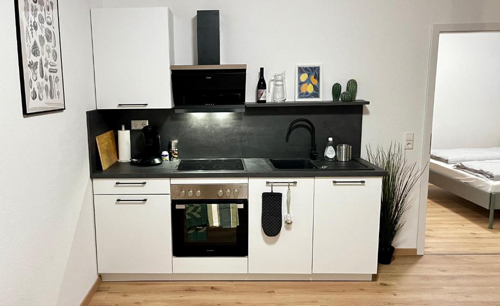 een witte keuken met een fornuis en een wastafel bij Wohlfühlwohnung mit Dachterrasse in Donaueschingen