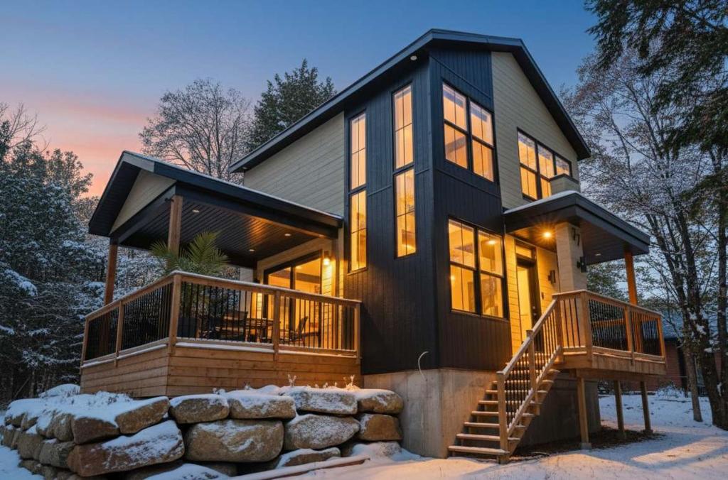 ein schwarzes Haus mit einer Treppe im Schnee in der Unterkunft Nature Comfort & SPA - Chalet Moderno in Sainte Brigitte de Laval