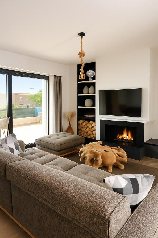een woonkamer met een bank en een open haard bij Interni Villa by A&D Properties in Porto Rafti