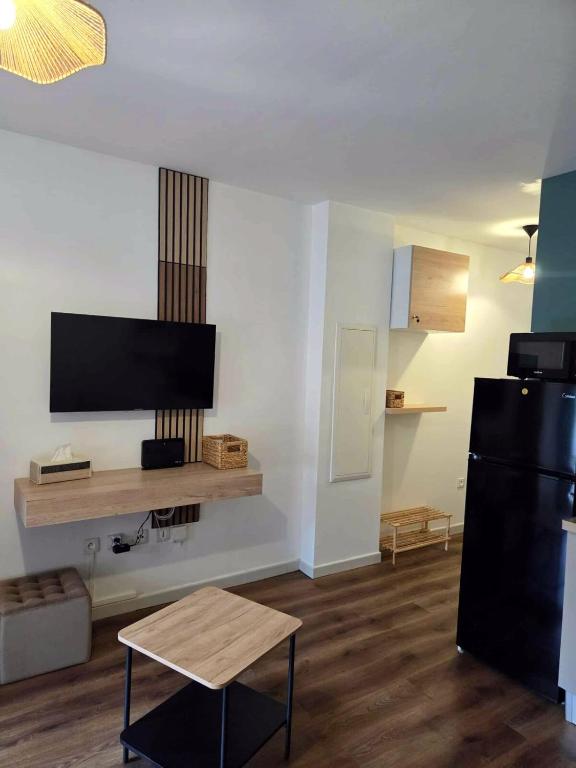 圣丹尼斯Sawadee Studio, meublé & jardin的客厅配有黑冰箱和桌子
