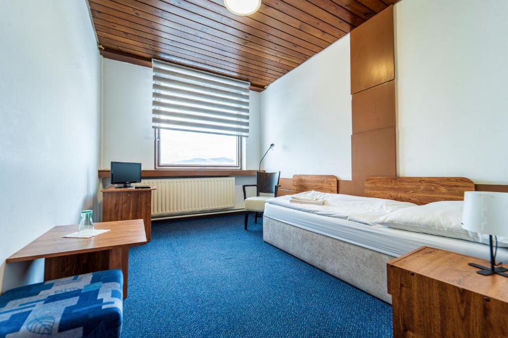 ein Schlafzimmer mit einem Bett, einem Schreibtisch und einem Stuhl in der Unterkunft Hotel Slovakia in Žilina