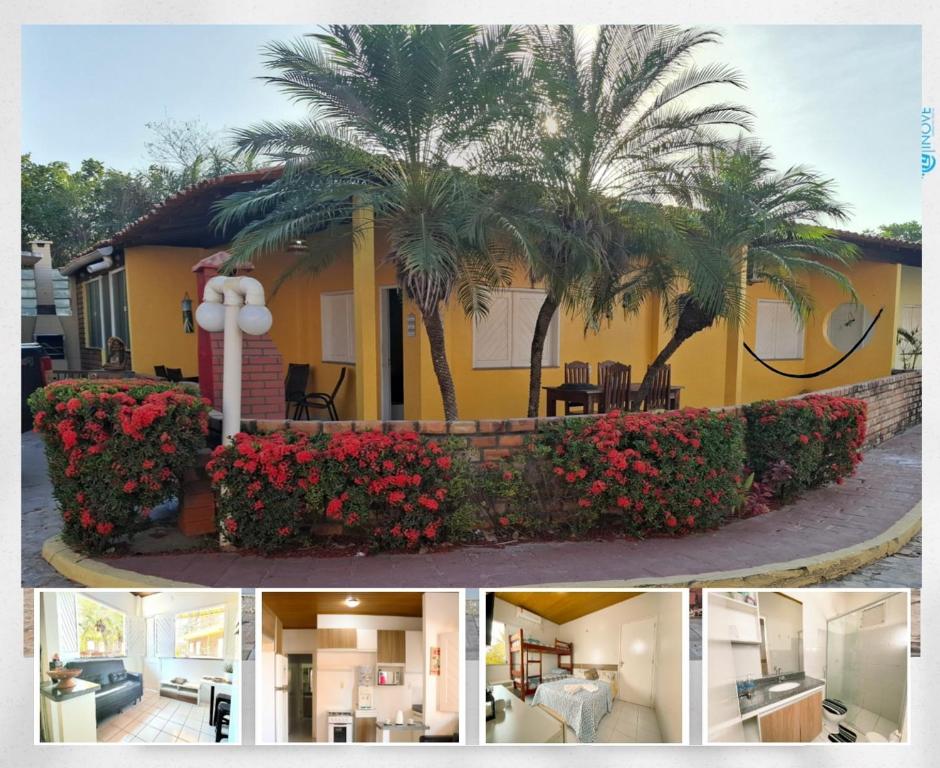 ein Haus mit einer Palme und roten Blumen in der Unterkunft Chalé Descanso - Cond Porto dos lençois Barreirinhas in Barreirinhas