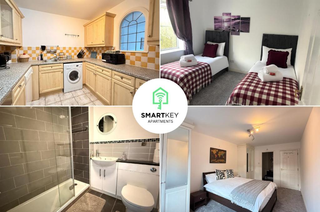 a collage of photos of a kitchen and a bathroom at Central Woking 2 Bedroom 2 Bath Modern Apartment with Parking in Woking