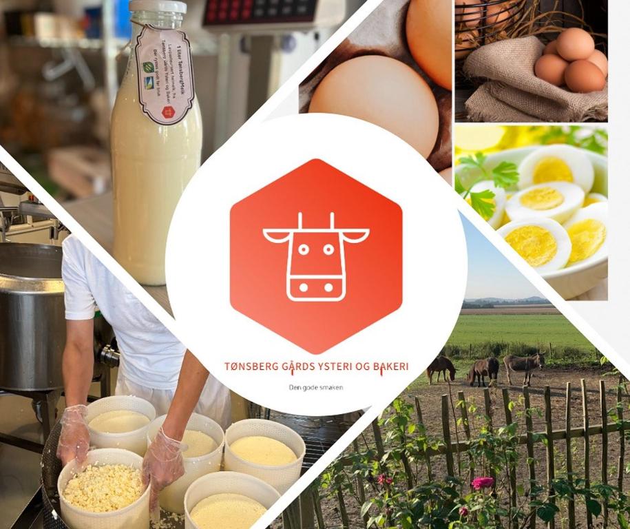 a collage of pictures of food and a person making eggs at Rosenli Gård in Tønsberg