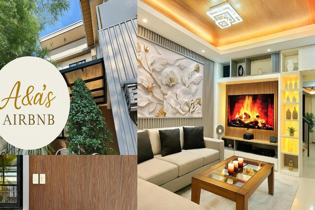 GuiguintoRelaxing 2BR Home Village Stay的客厅的壁炉图片拼贴