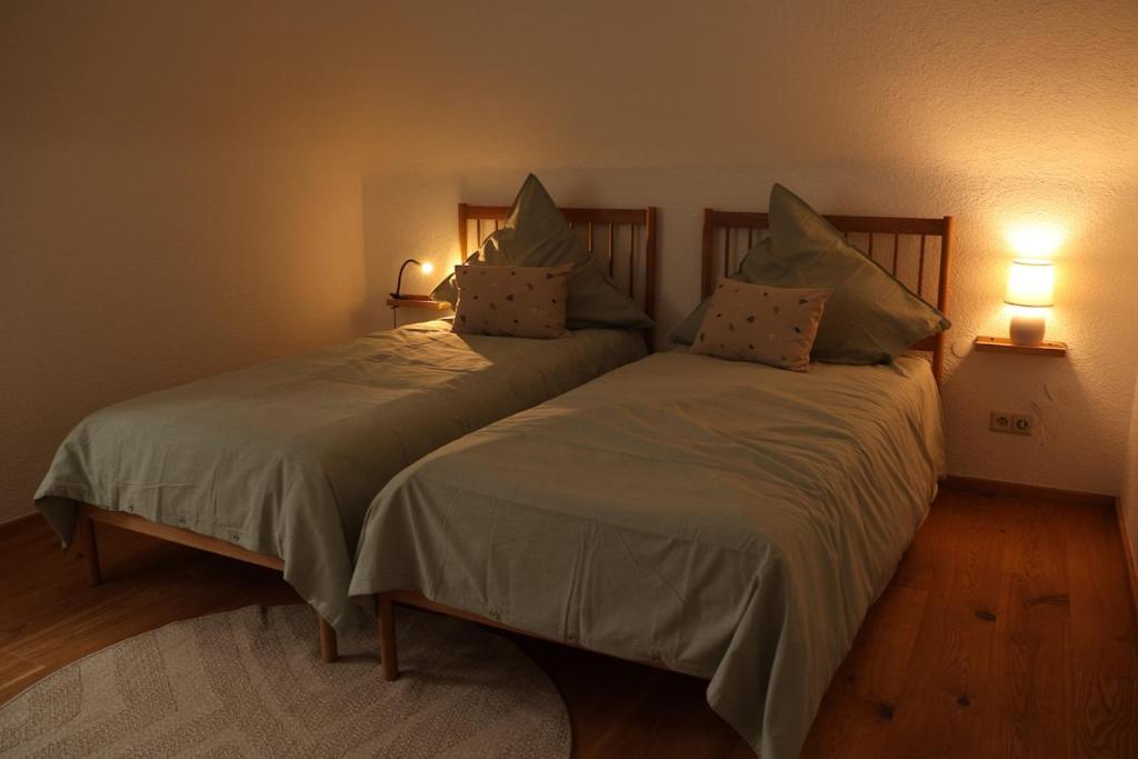 two beds sitting next to each other in a bedroom at Panorama Domblick in St. Blasien