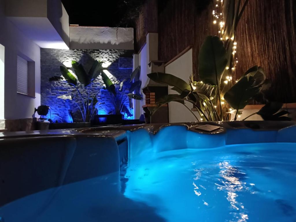 bañera de hidromasaje en una habitación con plantas y luces en Can Masia, en Olivella