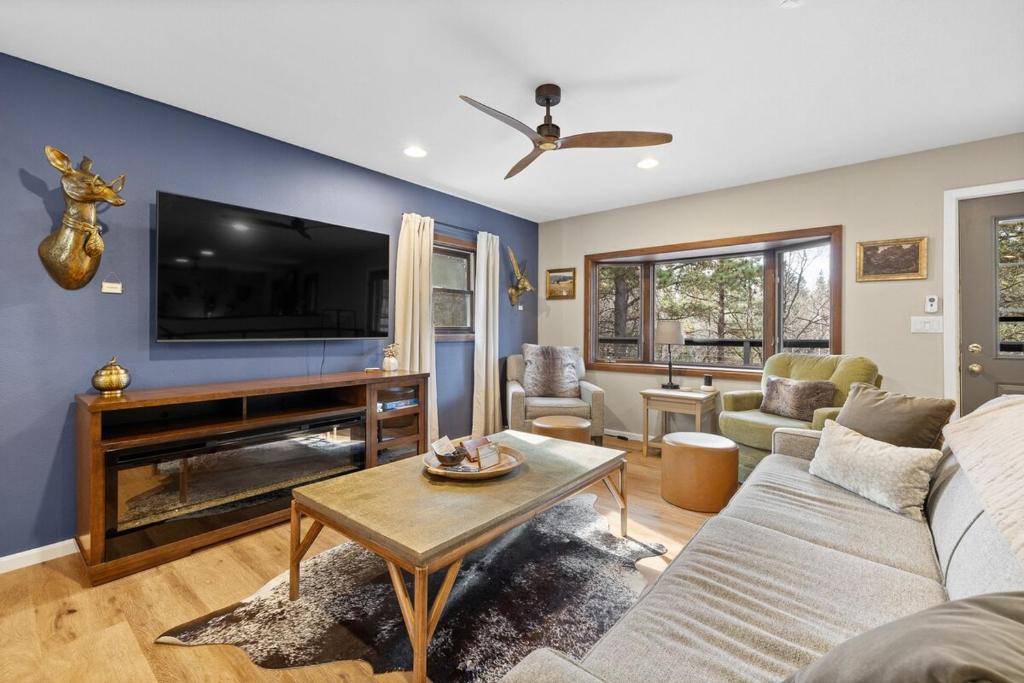 Deadwood Pines Hideaway في ستورجيس: غرفة معيشة مع أريكة وتلفزيون