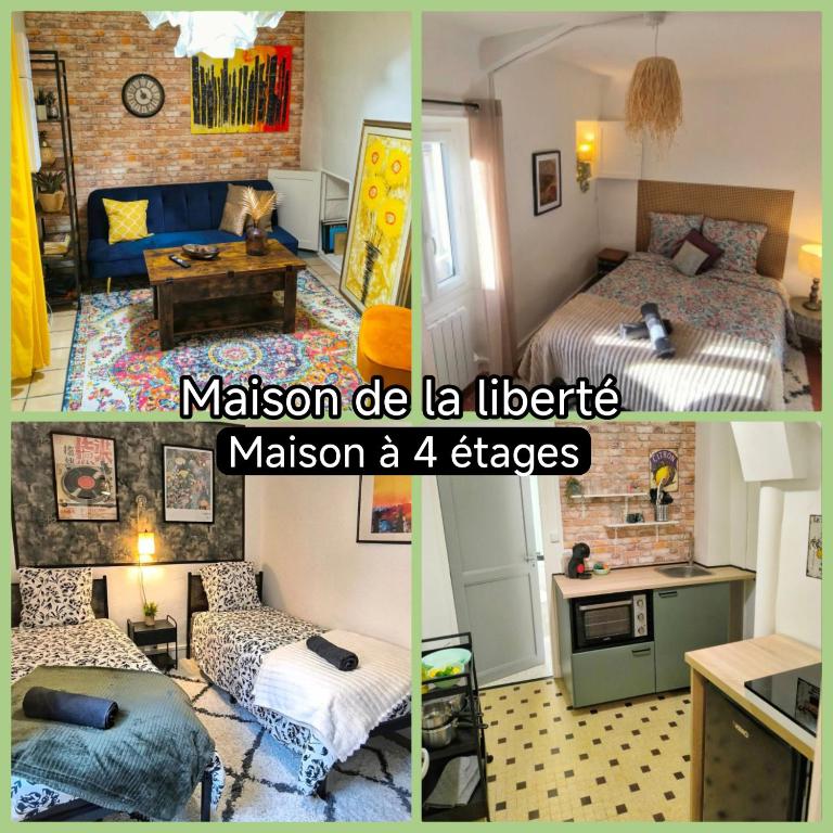 a collage of three pictures of a bedroom at Maison de la Liberté - Petite maison à 4 étages in Nyons