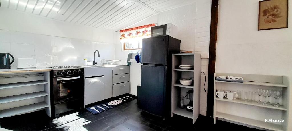 迈滕西约Cabaña El Hibisco的配有黑色冰箱和炉灶的厨房