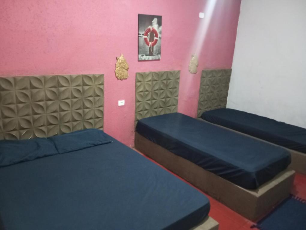 een slaapkamer met 2 bedden en een roze muur bij Recanto ceu azul in São Pedro
