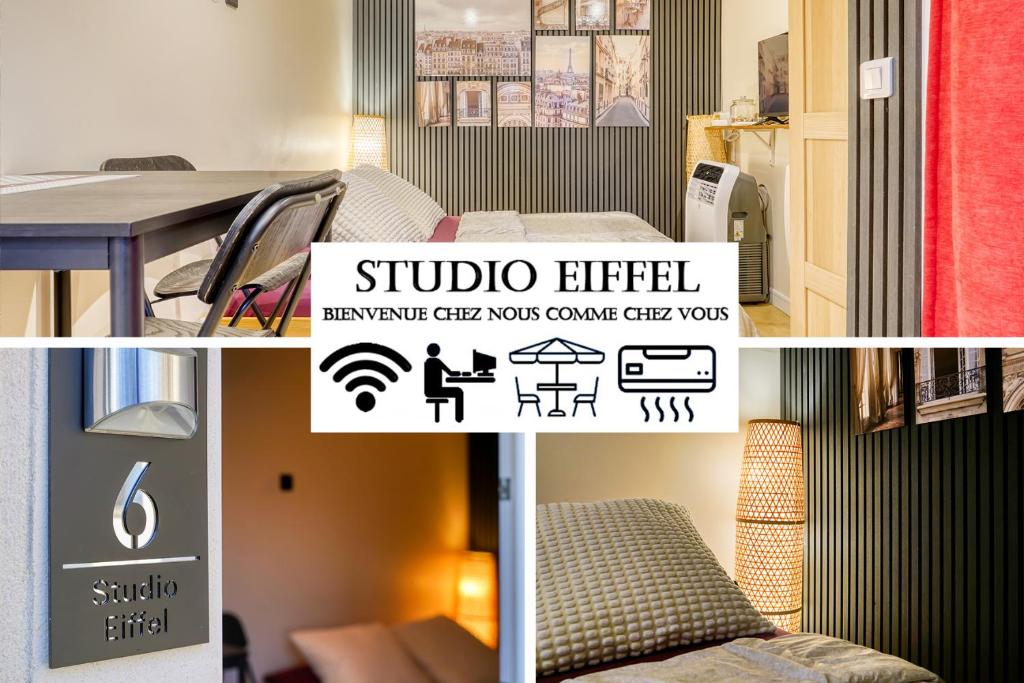 a collage of pictures of a room with a studio apartment at Paris-Eiffel, bienvenue -terrasse -Netflix in Pantin